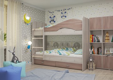 Двухэтажная детская кровать ТМК Мая с 2 ящиками на щитах, корпус Шимо светлый, фасад Шимо темный в Иваново