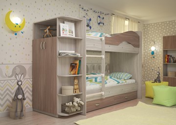 Детская 2-ярусная кровать ТМК Мая на щитах со шкафом и ящиками, корпус Шимо светлый, фасад Шимо темный в Иваново