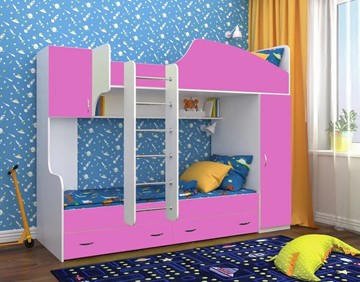 Детская кровать-шкаф Юниор-2, каркас Белое дерево, фасад Розовый в Иваново