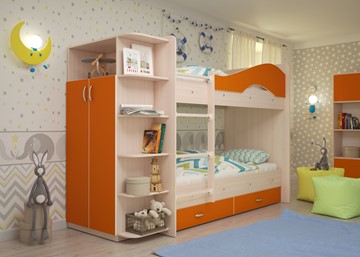 Детская 2-х ярусная кровать Мая на щитах со шкафом и ящиками, корпус Млечный дуб, фасад Оранжевый в Иваново