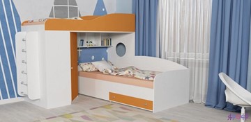 Кровать-чердак в детскую Кадет-2 с металлической лестницей, корпус Белое дерево, фасад Оранжевый в Иваново