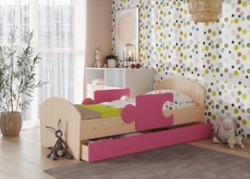 Детская кровать с бортиками и ящиком Мозайка, корпус Млечный дуб/фасад Розовый (ламели) в Иваново