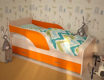 Детская кровать с ящиками Максимка, корпус Млечный дуб, фасад Оранжевый в Иваново