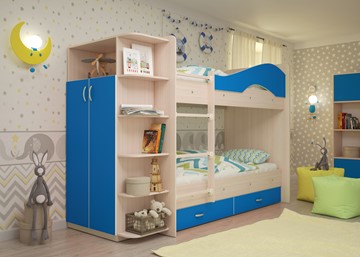Двухэтажная кровать Мая на щитах со шкафом и ящиками, корпус Млечный дуб, фасад Синий в Иваново