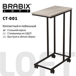Стол журнальный BRABIX "LOFT CT-001", 450х250х680 мм, на колёсах, металлический каркас, цвет дуб антик, 641860 в Иваново