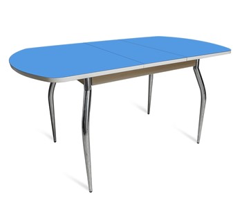 Кухонный стол раскладной ПГ-02 СТ2, дуб молочный/синие стекло/35 хром гнутые металл в Иваново