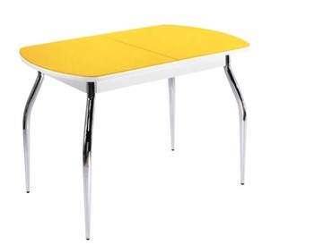 Кухонный стол раздвижной ПГ-02 СТ2, белое/желтое стекло/35 хром гнутые металл в Иваново