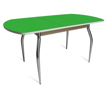 Кухонный стол раздвижной ПГ-07 СТ2, дуб молочный/зеленое стекло/35 хром гнутые металл в Иваново