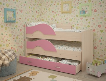 Детская двухъярусная кровать Радуга 1.6 с ящиком, корпус Млечный дуб, фасад Розовый в Иваново
