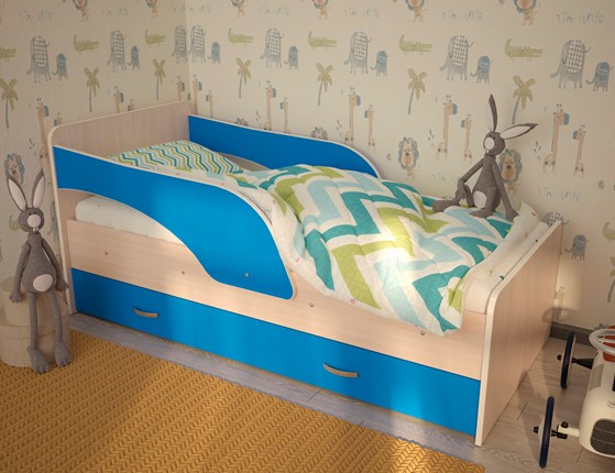 Кровать с ящиками Максимка, корпус Млечный дуб, фасад Синий в Иваново - изображение