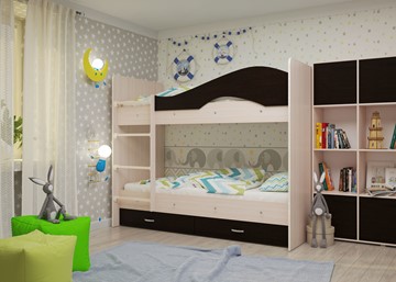 Детская  двухъярусная кровать Мая с 2 ящиками на щитах, корпус Млечный дуб, фасад Венге в Иваново - предосмотр 1