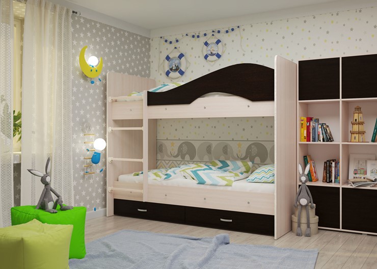 Детская  двухъярусная кровать Мая с 2 ящиками на щитах, корпус Млечный дуб, фасад Венге в Иваново - изображение 1