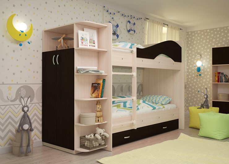 Детская  двухъярусная кровать Мая с 2 ящиками на щитах, корпус Млечный дуб, фасад Венге в Иваново - изображение 2
