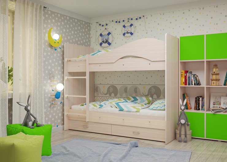 Кровать 2-ярусная Мая на щитах со шкафом и ящиками, цвет Млечный дуб в Иваново - изображение 1
