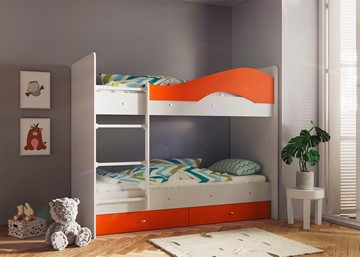 Детская двухэтажная кровать Мая с 2 ящиками на щитах, корпус Млечный дуб, фасад Оранжевый в Иваново - предосмотр