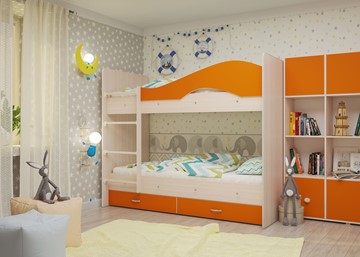 Детская двухэтажная кровать Мая с 2 ящиками на щитах, корпус Млечный дуб, фасад Оранжевый в Иваново - предосмотр 3
