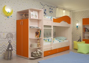Детская двухэтажная кровать Мая с 2 ящиками на щитах, корпус Млечный дуб, фасад Оранжевый в Иваново - предосмотр 1
