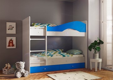 Детская 2-этажная кровать Мая с 2 ящиками на щитах, корпус Млечный дуб, фасад Синий в Иваново - предосмотр