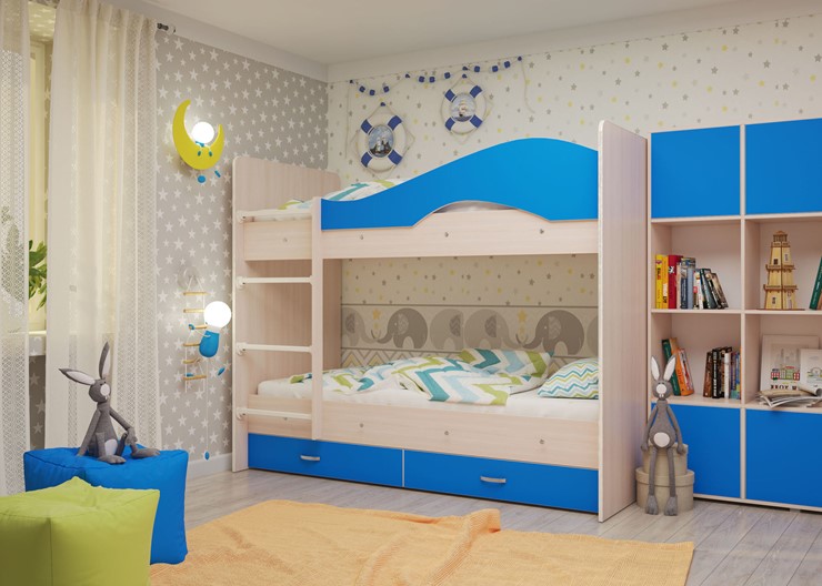 Детская 2-этажная кровать Мая с 2 ящиками на щитах, корпус Млечный дуб, фасад Синий в Иваново - изображение 3