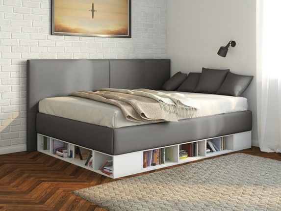 Кровать подростковая Lancaster 1, 120х200, ЛДСП белая, экокожа серая в Иваново - изображение