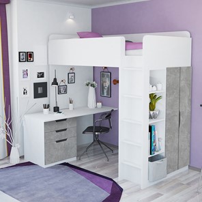 Детская кровать с письменным столом и шкафом POLINI Kids Simple Белый / Бетон в Иваново - предосмотр 1