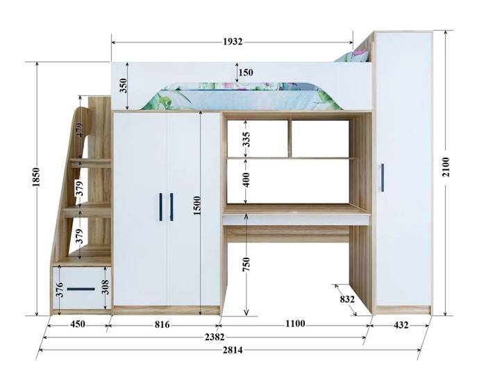 Кровать-чердак с шкафом Тея, каркас Винтерберг, фасад Амарант в Иваново - изображение 1