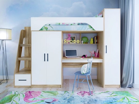 Кровать-чердак в детскую с шкафом Тея, каркас Ясень, фасад Белый в Иваново - изображение