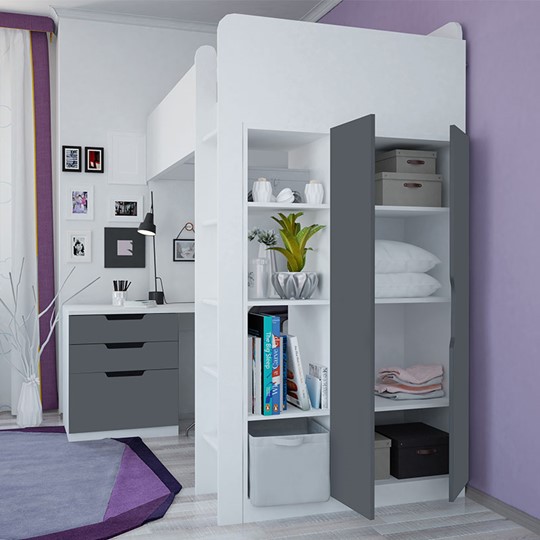 Кровать детская с письменным столом и шкафом POLINI Kids Simple Белый / Серый в Иваново - изображение 1