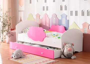 Детская кровать с бортиками Тучка с ящиком, корпус Белый, фасад Розовый в Иваново