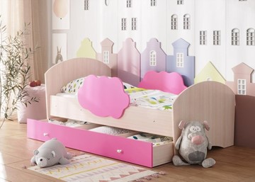 Детская кровать с бортиками Тучка с ящиком, корпус Дуб млечный, фасад Розовый в Иваново
