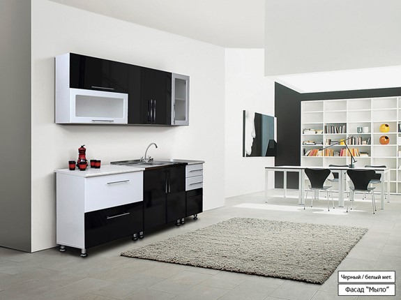 Гарнитур кухонный Мыло 224 2000х718, цвет Черный/Белый металлик в Иваново - изображение