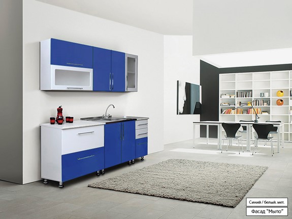 Кухня Мыло 224 2000х718, цвет Синий/Белый металлик в Иваново - изображение