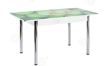 Кухонный раскладной стол Айсберг-01 СТФ, белый/фотопечать зеленые яблоки/ноги хром круглые в Иваново